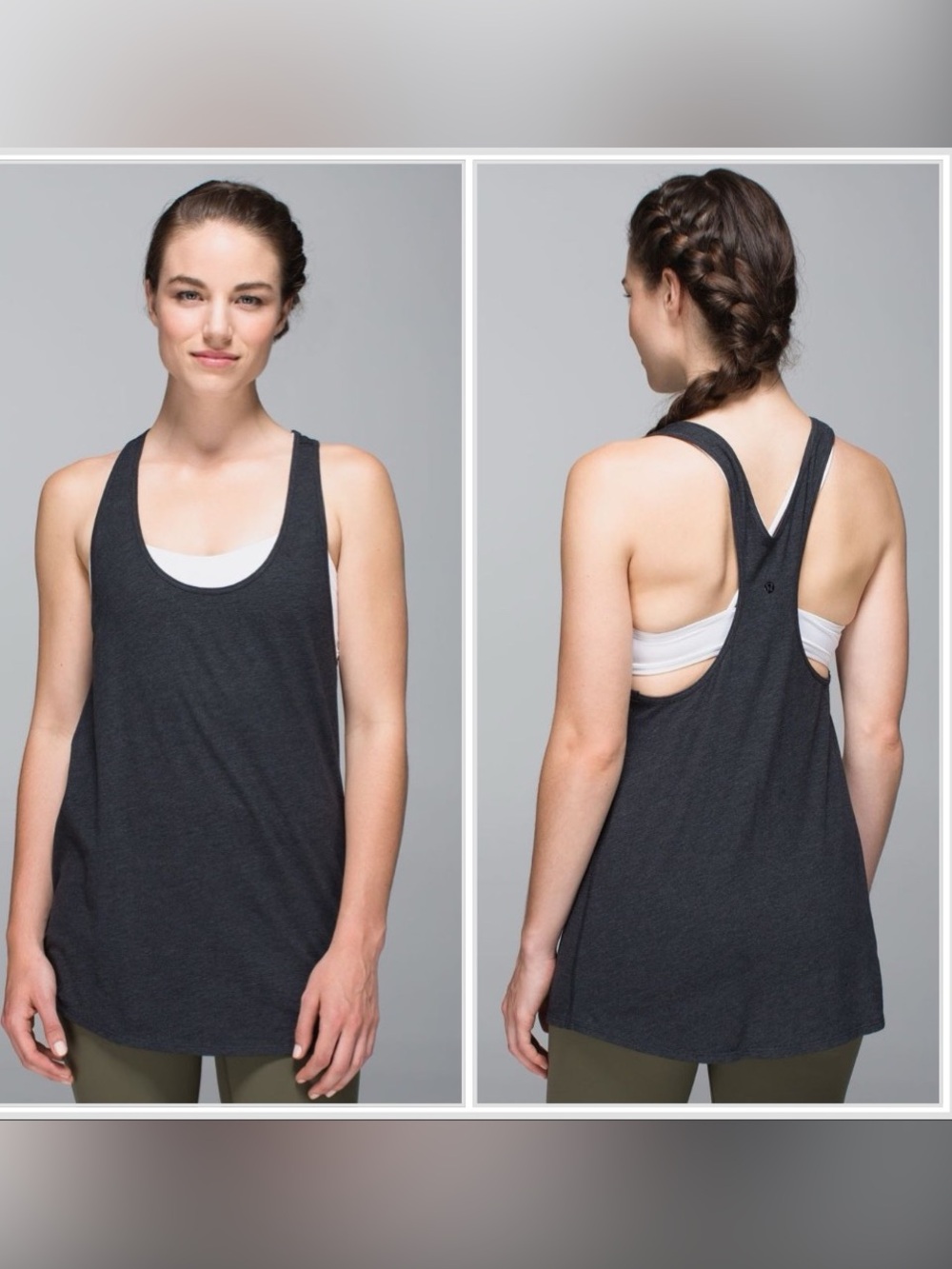 Lululemon Om Racerback Tank Heathered Black Grey Long Loose Yoga Top